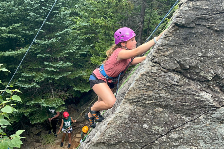 Person rock climbing on a steep surface with trees in the background.